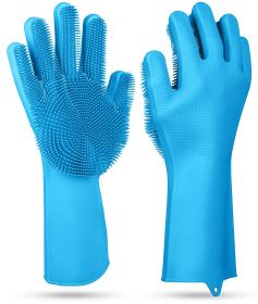 1 Pair Magic Silicone Brush Dishwashing Gloves Cleaning Sponge Pet Scrubber Heat Resistant Wash Gloves (Option: Blue)