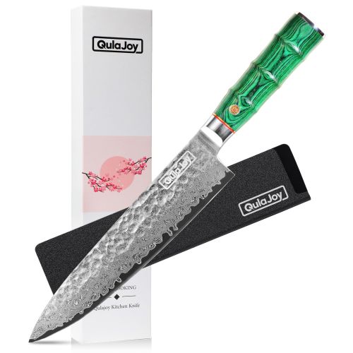 Qulajoy Japanese Chef Knife 8 Inch,67 Layers Damascus VG-10 Steel Core,Professional Hammered Kitchen Knife,Handcrafted With Ergonomic Bamboo Shap